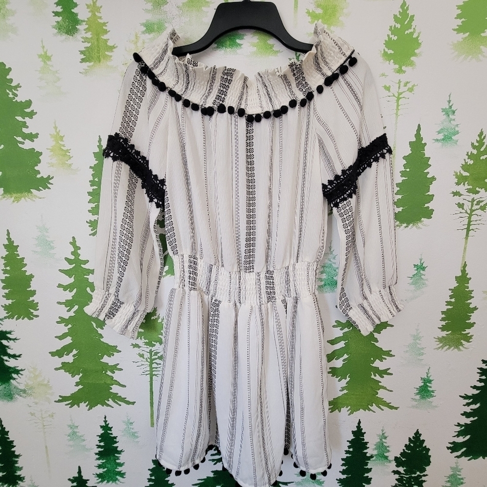 Line & Dot Off the Shoulder Pom Pom Mini Dress.